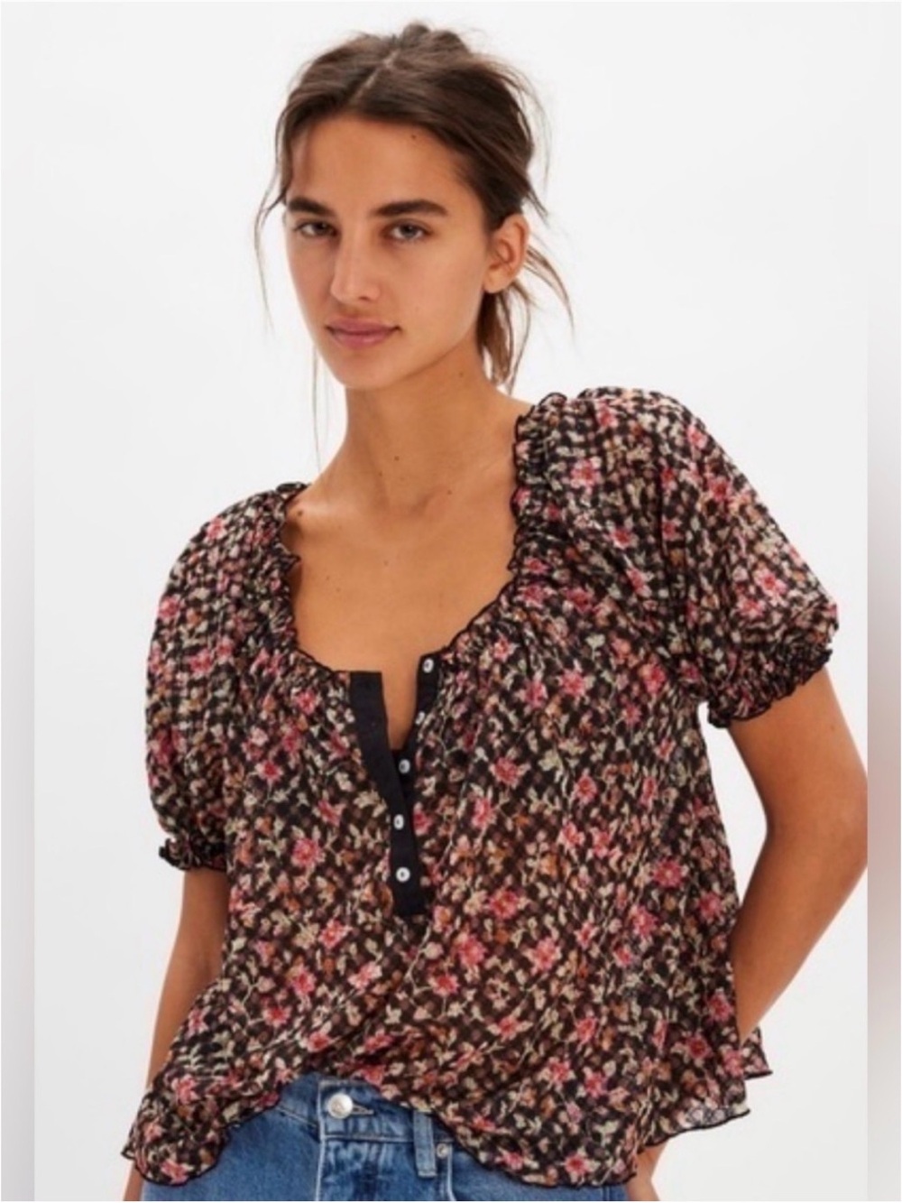 Free People Floral Lace Henley Puff Sleeve Blouse Size M Black Multi